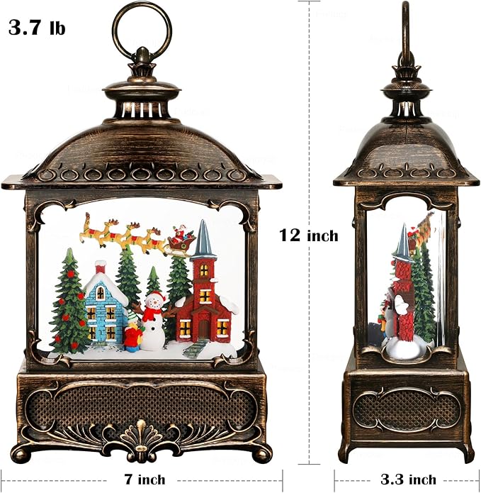 Christmas Snow Globe Lantern Christmas Decorations Gifts Snowman Santa Claus Church Village Scene Musical Glitter Snowfall USB/Battery Timer 12 inch