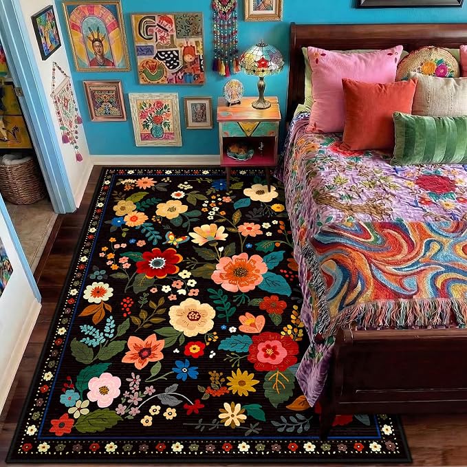 RELEANY Floral Washable 3x5 Area Rugs Black | Flower Carpet Print Boho Cute Non - Image 6