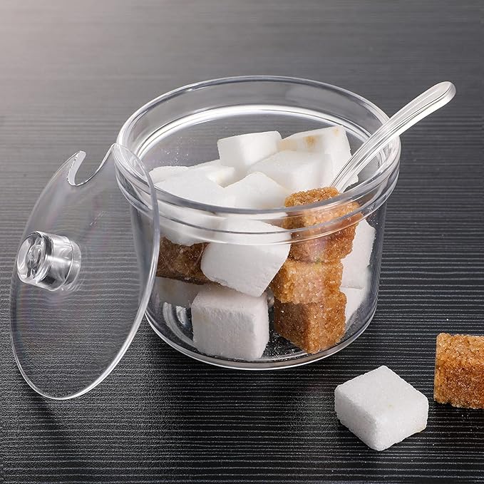 Patelai 4 Pieces Sugar Bowl Acrylic Clear Sugar Bowl with Lid and Salt Spoon Storage Jar with Airtight Lid for Salt, Tea, Spices, Herbs, Condiments(7.1 oz)