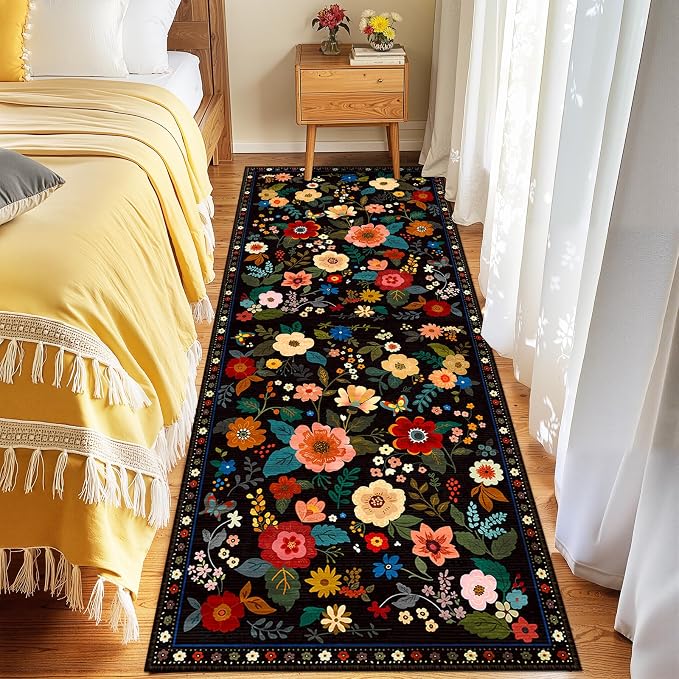 Floral Washable 2x8 Area Rugs Runner Entryway Hallway Black | Flower Carpet - Image 6