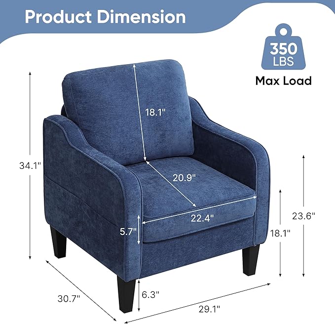 Accent Chairs Set of 2, Upholstered Living Room Chairs with Side Pockets, Mid Century Modern Reading Chair for Bedroom, Comfy Armchair Single Sofa Side Chair for Office, Small Room, Blue