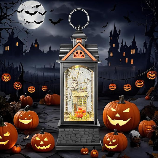 Halloween Snow Globe Lantern, Spooky Ghost Halloween Decor, Plug-in & Battery Operated Snow Globes for Halloween Decorations Indoor