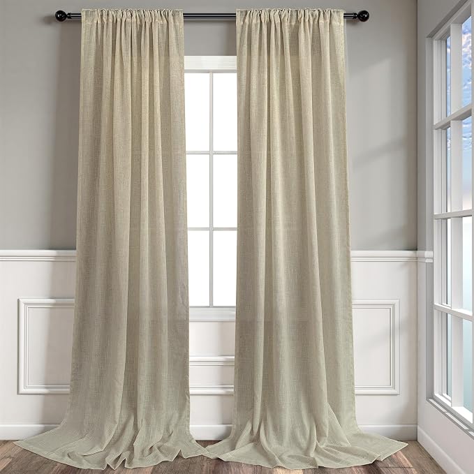 Modern Farmhouse Linen Curtains 80 Inches Long 2 Panel Set Taupe Semi Sheer - Image 9