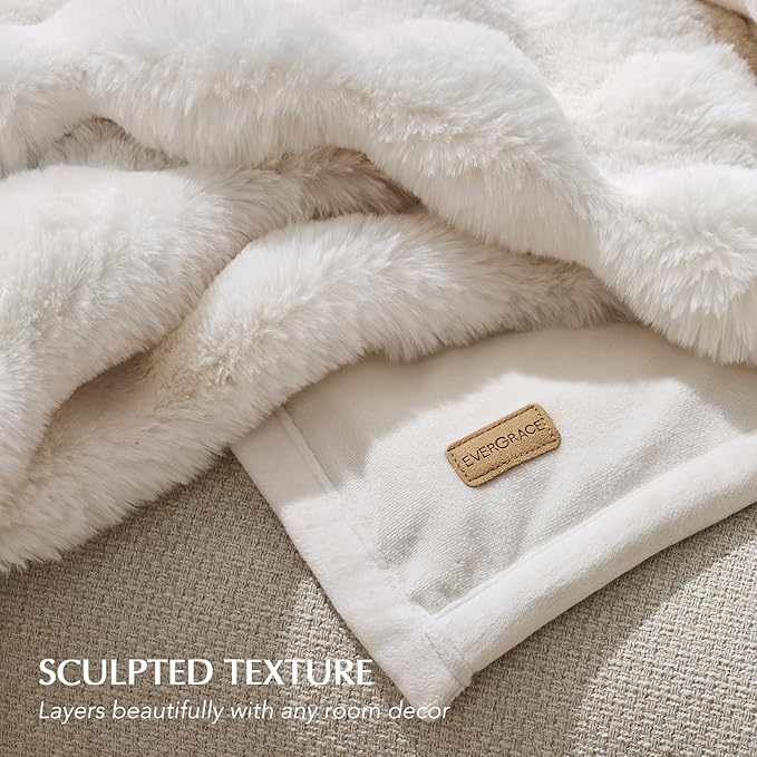 EVERGRACE Ultra Soft Luxury Fluffy Ridgeline Faux Rabbit Fur Throw Blanket, Thick Warm Bubble Throw for Bed, Cozy Plush Reversible Blankets for Couch, Chair, Sofa, Ivory White, 60x80 Inches, 870 GSM
