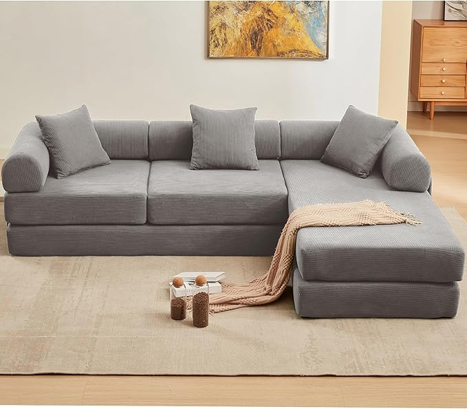 107" Oversized Convertible Sleeper Sofa Bed, Corduroy L Shape Sectional Couch, Folding Sofa Bed with Side Pocket, Modern Cloud Floor Mattress Couch, Modular Sofa for Living Room, Grey