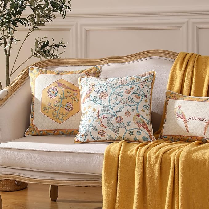 patdrea Design Yellow Linen Throw Pillow Covers Pack of 4, French Square Lumbar Round Pillowcase, Soft Durable Cushion Cases Pillowcase for Couch Bedroom Car Living Room 4 PCS