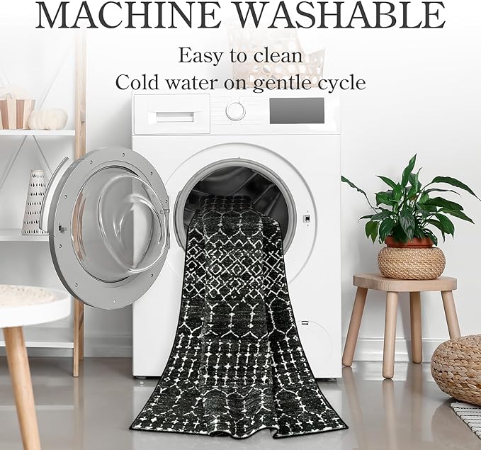 Lahome Moroccan Black Rug 2x8 Washable Non-Skid Kitchen Floor Runner, - Image 4