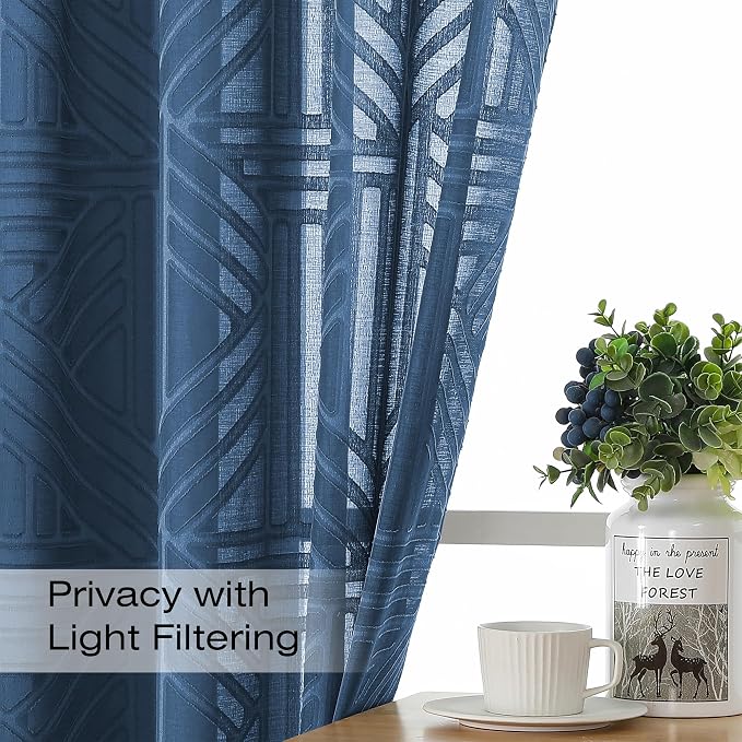 Simplebrand Semi Sheer Dusty Blue Curtains 30 Inch Length 2 Panels, Geometric - Image 3