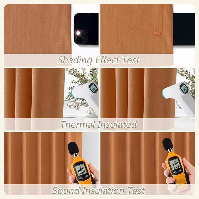 Guken Orange 100% Blackout Linen Curtains 90 Inch Length 2 Panels Set - Image 5