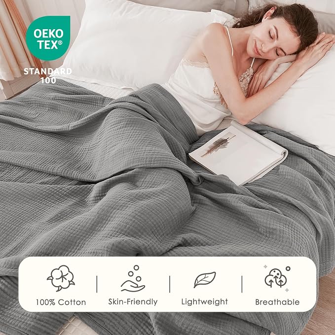 EMME Muslin Blankets for Adults Grey Small Blanket 40" x 50" | Throw Blanket - Image 2