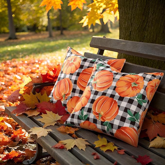 decorUhome Fall Orange Pumpkin Decorative Throw Pillow Covers 16x16 Set of 2, Buffalo Plaid Check Farmhouse Cushion Covers for Autumn Harvest Couch Sofa Bed Home Decor