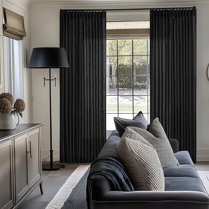 Black Pinch Pleated Linen Semi Sheer 120 Inch Curtains 2 Panels | Light - Image 7