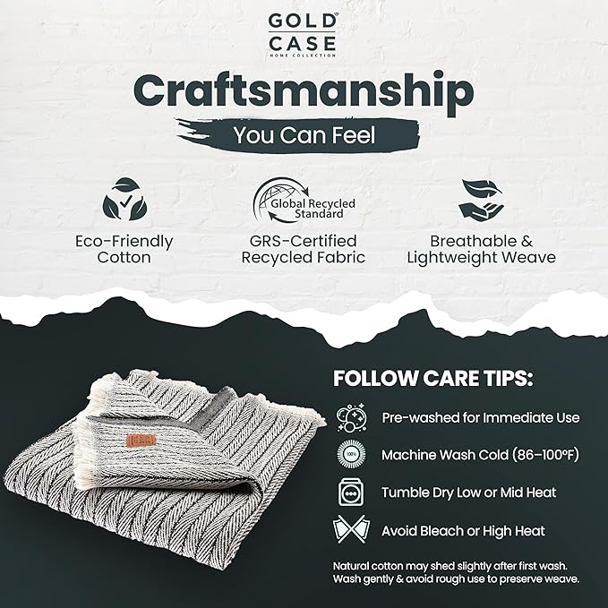 Gold Case Throw Blanket for Couch – 100% Recycled Turkish Cotton Blankets & Throws – Elegant Decorative Throw Blankets for Living Room Sofa – Woven Throws for Couch – Vintage Black – 60x80