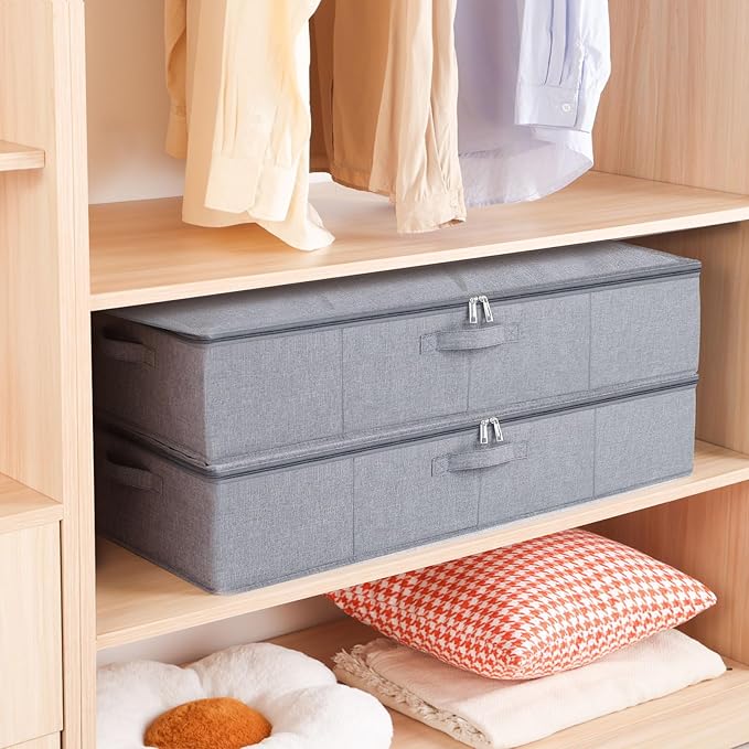 Underbed Storage Box, 23.6 x 11.8 x 5.9 Inch Clothes Organizer With Sturdy Structure and Reinforced Handles for Blanket, Sheets, Pillows, Towels, Shoes, Grey, 2 Pack
