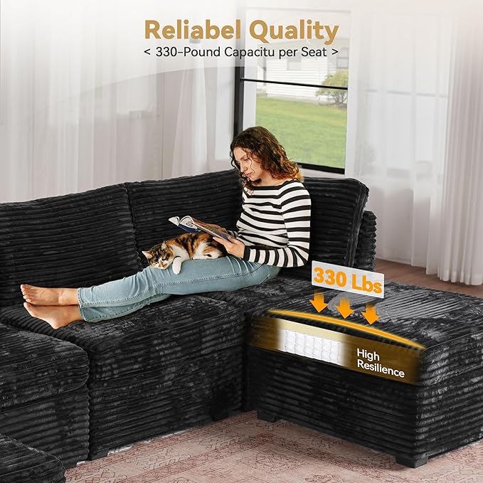 Modular Sectional Sofa with Chaise U Shaped Sectional Couch for Living Room, 5-Seater Comfy Cloud Couches, Plush Corduroy, Black