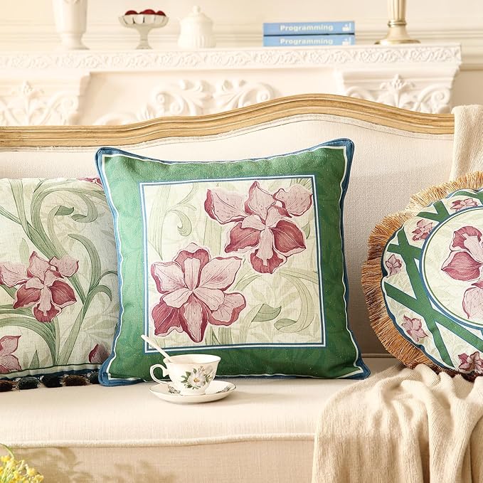 patdrea Designer Throw Pillow Covers Set of 4,French Elegant Green Linen with Iris Floral Collection Pattern Pillow Covers,Decorative Lumbar Square Round Pillowcases Cushion for Bed Living Room