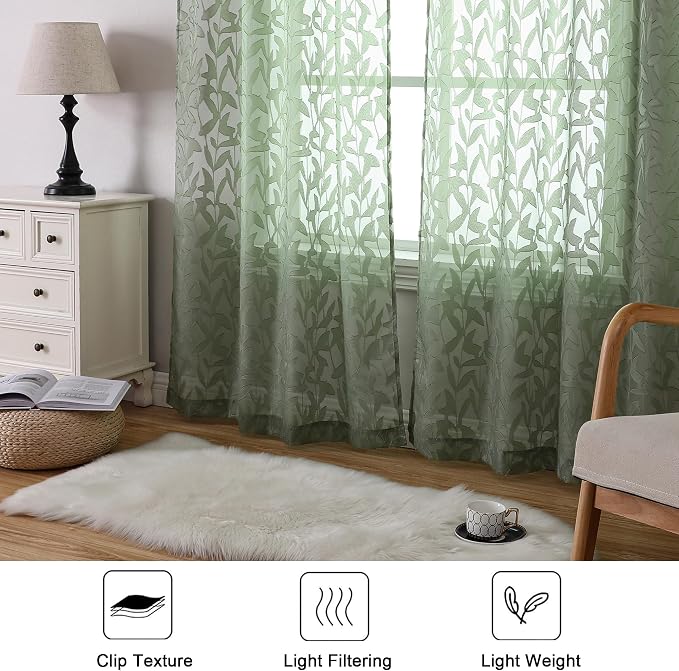 Lecloud Leia Sage Green Sheer Curtains 96 Inches Long 2 Panels, Airy Voile - Image 3