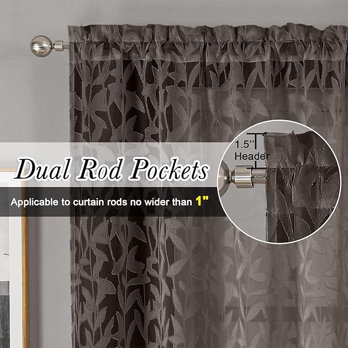 Lecloud Leia Jacquard Textured Chocolate Brown Semi Sheer Curtain 45 Inch Length - Image 2
