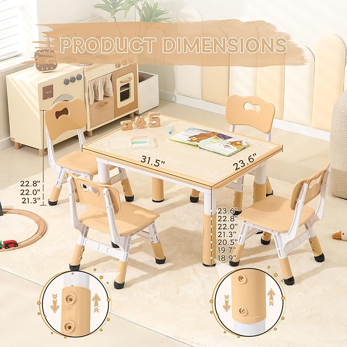Height-Adjustable Kids Table and Chairs, 31.5''L x 23.6''W Toddler Table and 4 Chairs Set with Anti-Slip Foot Covers, Children Activity Table for Ages 2-10, Graffiti Desktop
