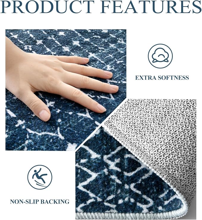 Lahome Moroccan Blue Runner Rug 2x6 Rug Non-Slip Stain Resistant Kitchen Rug - Image 4