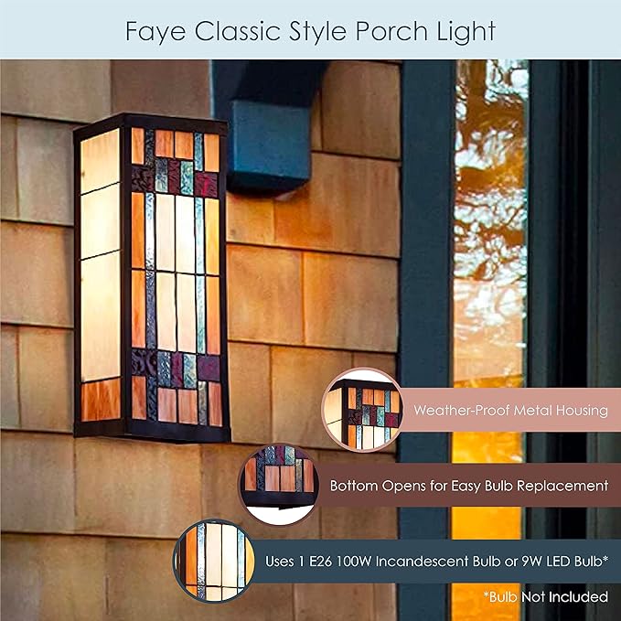 RIVER OF GOODS Art Deco Stained Glass Outdoor Light Fixture - Large Exterior Outdoor Wall Lights for House, Patio, Porch, Garage - Wall Mount Lighting Fixtures - 16.25" H - Faye