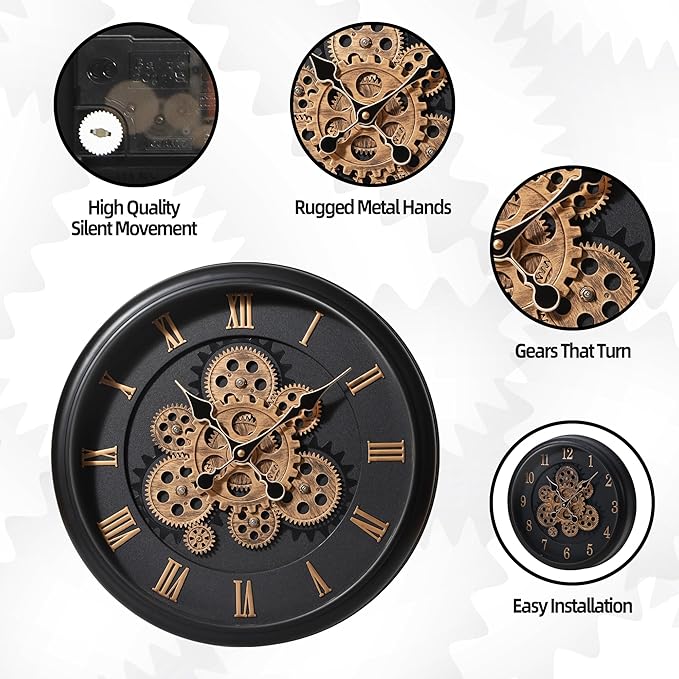 Maxstar Large Moving Gear Wall Clock,16" Vintage Mechanical Battery Operated Industrial Wall Clocks for Farmhouse Living Room,Home Office, Dinning Room, Kitchen, Steampunk Decor-Black,Roman Numeral