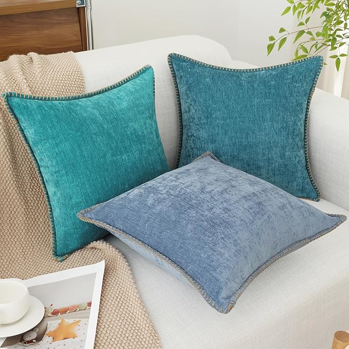 decorUhome Chenille Soft Throw Pillow Covers 12x20 Set of 2, Lumbar Velvet Farmhouse Neutral Decorative Euro Pillow Covers with Stitched Edge for Couch Sofa Bed Home Decor, Teal