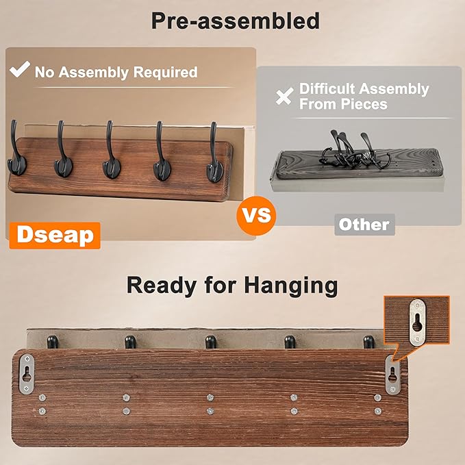 Dseap Coat Rack Wall: Patented, Heavy-Duty, 17.4" Long 5-Double-Hooks Wooden Wall Mounted Coat Rack Coat Hanger Hook Rail for Winter Coats Hat Jacket Clothing, Weathered Brown, Pack of 2