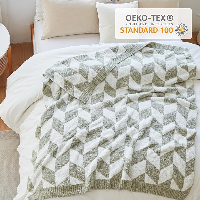 Snuggle Sac Chevron Throw Blanket for Couch, Reversible Super Soft Warm Blankets Cozy Knit Fuzzy Plush Lightweight Throws for Sofa, Bed, Camping, Green,50x60 inches