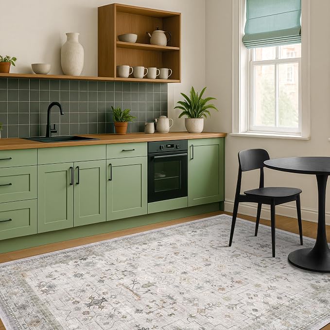 Washable Light Gray & Sage Living Room Rug 6x9 - Image 8