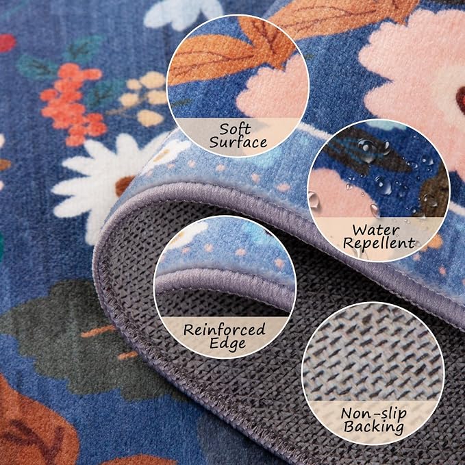 Floral Washable 2x8 Area Rugs Runner Entryway Hallway Blue/Grey | Flower Carpet - Image 3