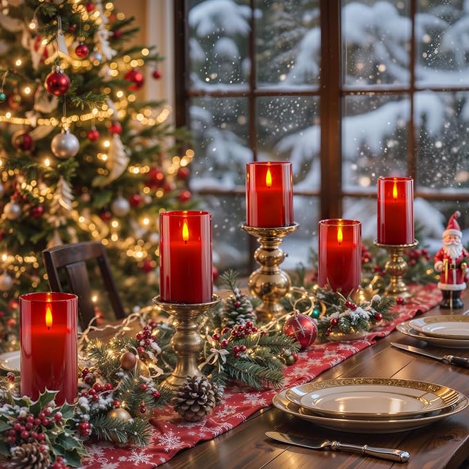 Homemory Red Glass Flameless Candles, Battery Operated LED Pillar Candles with Remote Control and Timer, Radiance Candles, Real Wax, Set of 3,D3 xH4 5" 6"
