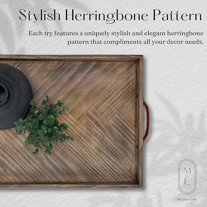 Medium Ottoman Wood Serving Tray- with Leather Handle Decorative Wooden 24 * 16 * 1.5 Inches Square Serving Tray Best for Coffee Table, Living Room and Kitchen