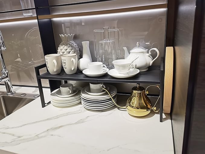 Expandable Cabinet Shelf Organizer 16-26" L Stackable Kitchen Counter Shelf Sink Rack Countertop Storage Black (Wide 10.6”D)