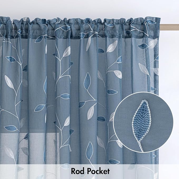 MIULEE Stone Blue Sheer Curtains 2 Panels Leaf Patterned, W52 x L63 | - Image 6