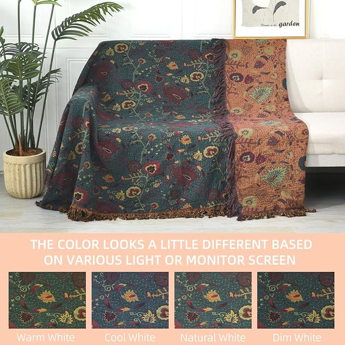 Boho Throw Blanket for Bed - 100% Pure Cotton Ultra Soft Rustic Quilt - Farmhouse Decor Bed Blankets, All Season Rustic Throw for Sofa Couch Chair(80''x 90'', Floral)