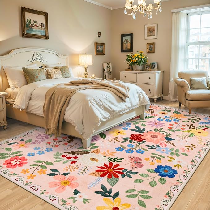 PLHXFR Area Rug 10x12 Living Room: Floral Washable Boho Soft Carpet Beige | - Image 3