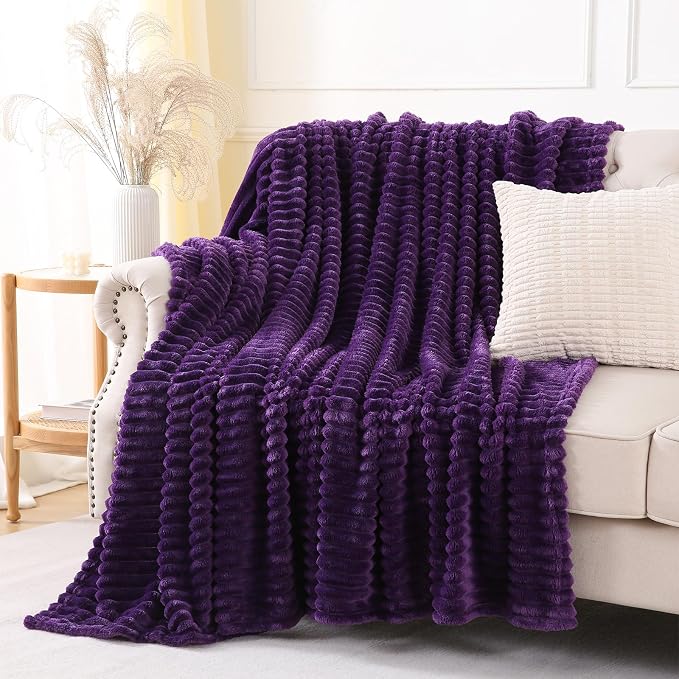 Deep Purple Throw Blanket for Couch Sofa 60x80 inches Striped Design | Fleece - Image 4