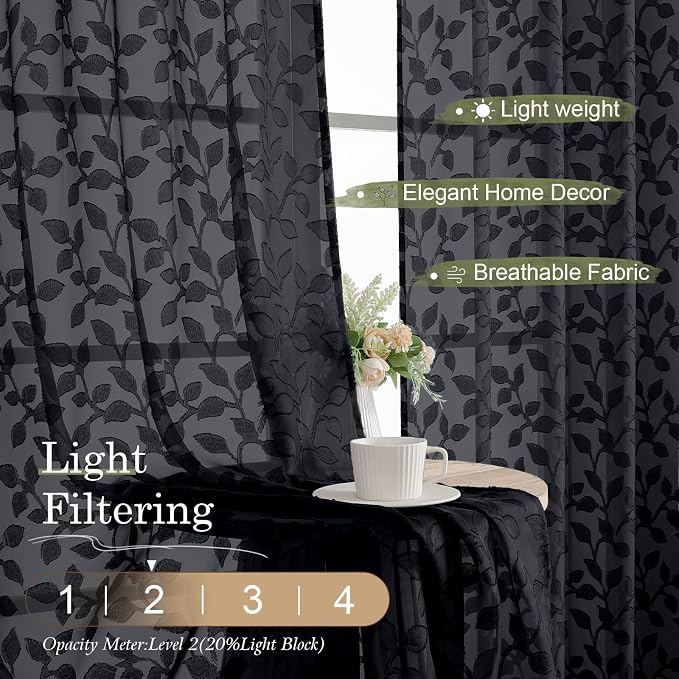 Chyhomenyc Extra Long Black Sheer Curtains 120 Inch Length 2 Panels Set - Image 2