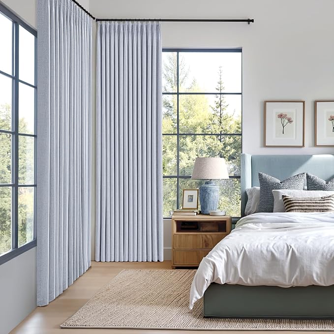 MIULEE Chambray Blue Pinch Pleated 100% Blackout Curtains 40x108 Inches | Room - Image 2