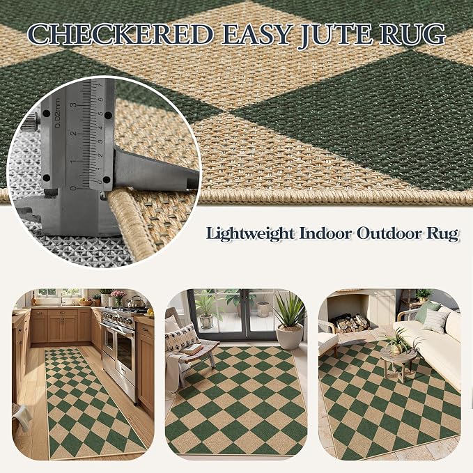 Lahome Checkered Easy Jute Kitchen Runner Rug, 2x8 Outdoor Rugs Washable | - Image 5
