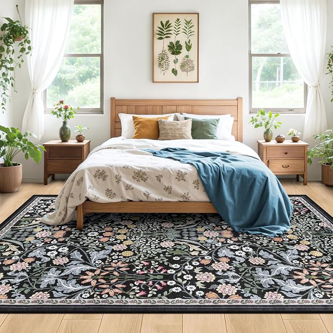 PLHXFR Area Rug 10x14 Living Room: Floral Washable Boho Carpet Dark Black | - Image 3