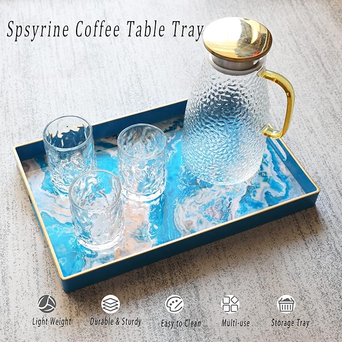 Spsyrine Serving Tray, Plastic Rectangular Coffee Table Tray with Handles, Marble Decorative Tray for Living Room, Ottoman, Bathroom Decor. 15.6” X 10.2" HSRE