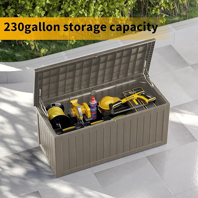 230 Gallon Double-Wall Resin Deck Box - Lockable Waterproof Outdoor Storage Box, 1000lbs Capacity & Doubles as Seating for Patio Furniture - Garden Tools, Pool Accessories (Brown)