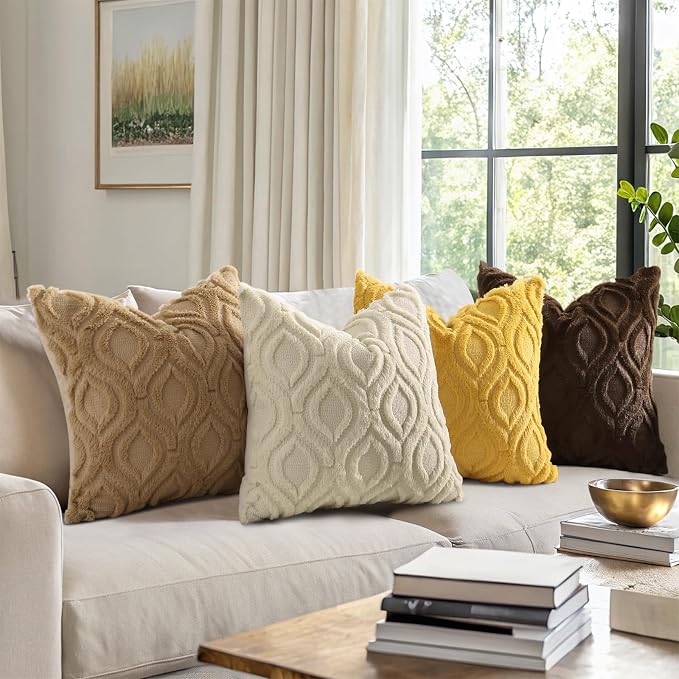 decorUhome Throw Pillow Covers 24x24 Inch Set of 2, Soft Plush Faux Wool Beige - Image 8