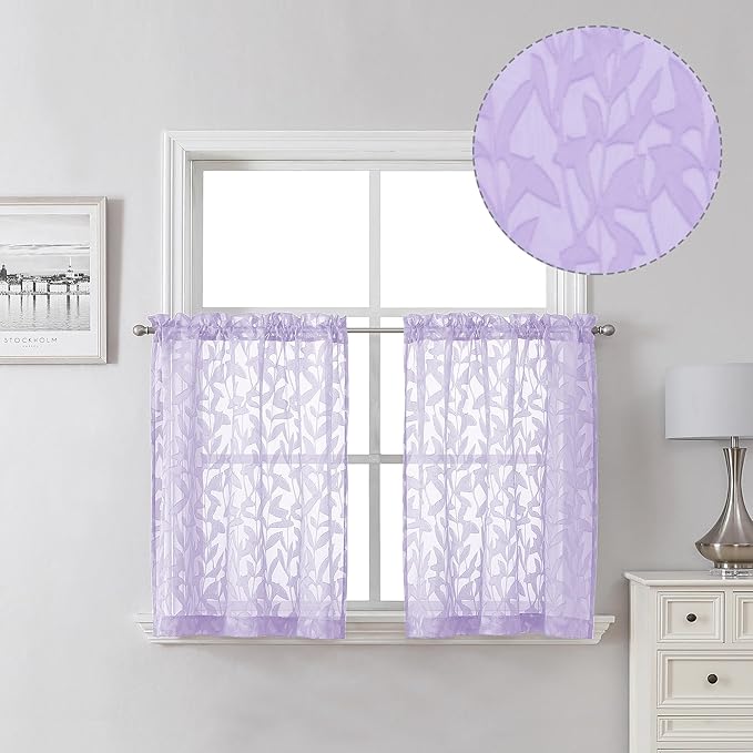 Lecloud Leia Light Purple Sheer Kitchen Curtains 24 Inch Length 2 Panels by Lecloud