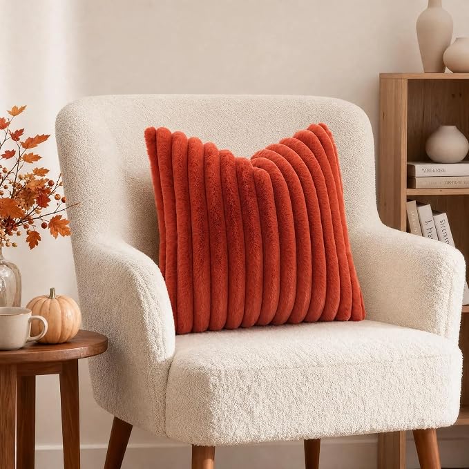 decorUhome Fall Faux Fur Throw Pillow Covers 18x18 Set of 2 Rust | Decorative - Image 4