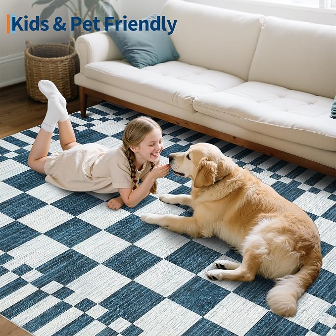 GarveeHome 8x10 Area Rugs Geometric Washable Modern Navy Blue Checkered Rug | - Image 8