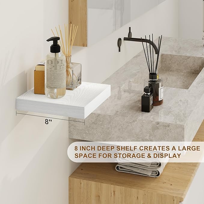 8 Inch Deep Floating Shelves White, Rustic Wood Floating Shelf for Home Decor, 8 x 8 Inch Square Wall Shelves, Wooden Storage & Display Shelves for Kitchen, Bathroom, Living Room, Set of 2