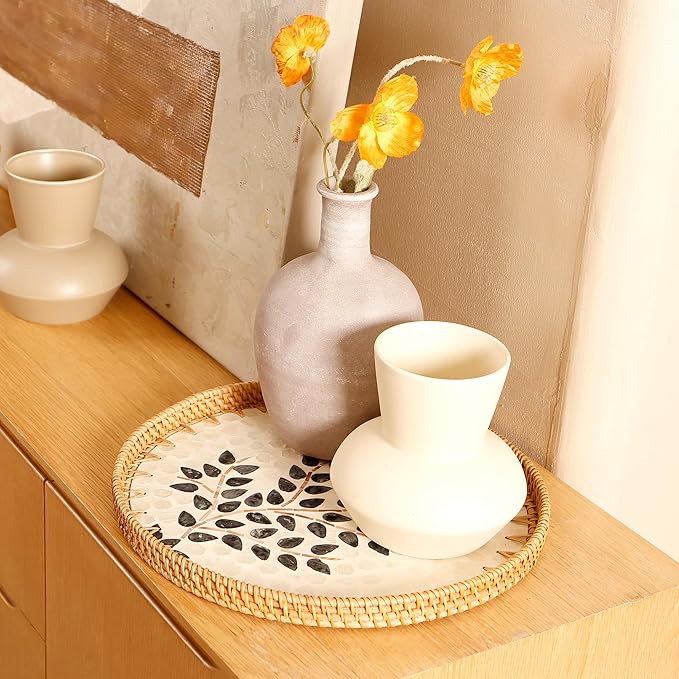 Round Rattan Tray with Mother of Pearl Inlay & Wooden Base - Decorative Wicker Serving Tray for Coffee/Bread/Fruits, Food Storage & Display - Multipurpose Home Decor (L,Little Tree)